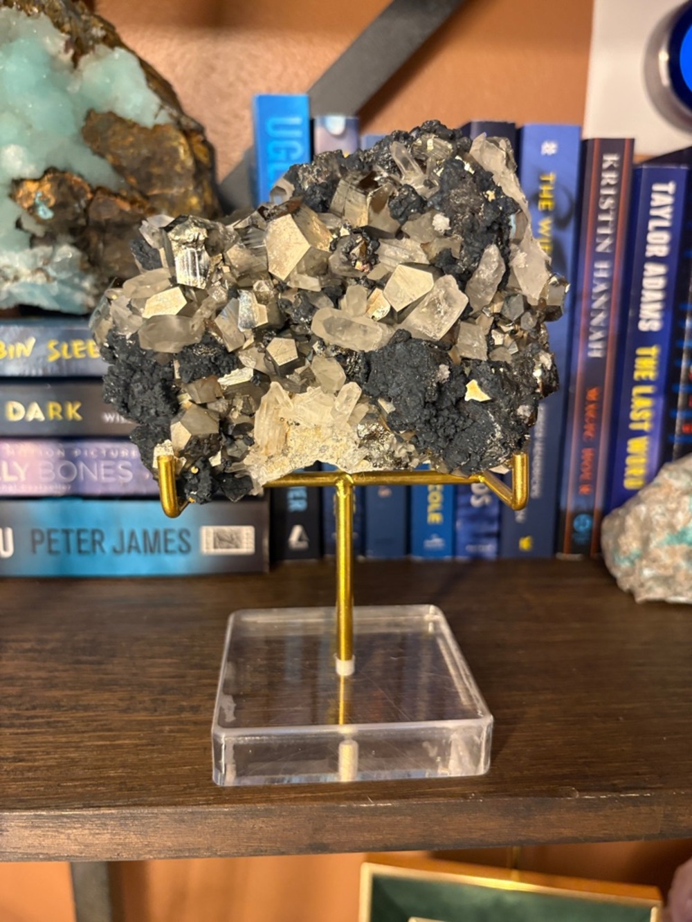 Quartz and Pyrite Cluster on Gold Stand